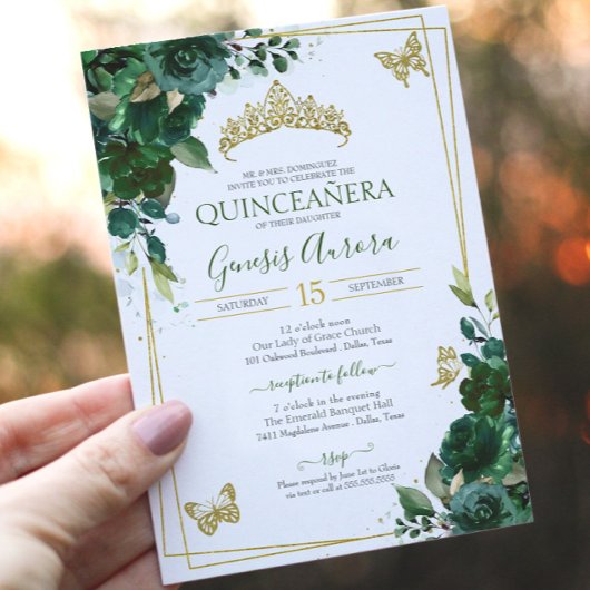 Quinceañera Emerald Forest Green Gold Butterfly Kaart
