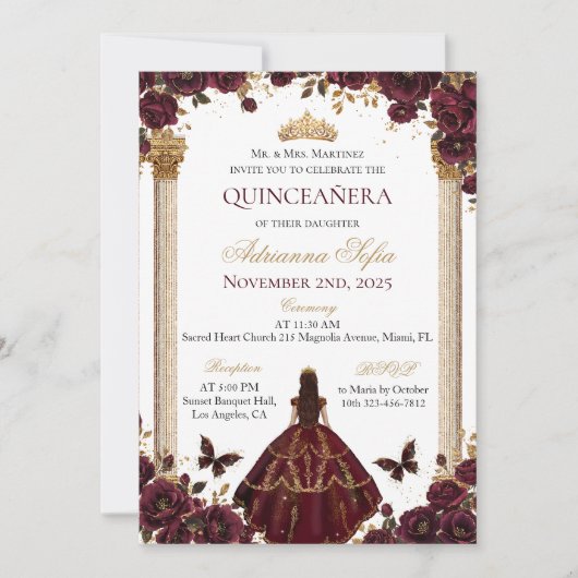 Quinceañera Emerald Gold Bourgondische Rozen Princ Kaart (Voorkant)