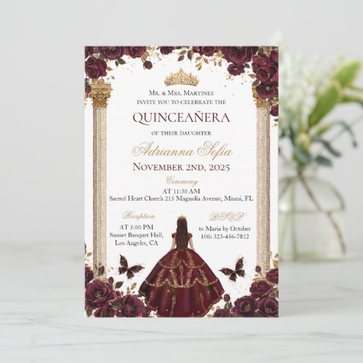 Quinceañera Emerald Gold Bourgondische Rozen Princ Kaart (Staand voorkant)