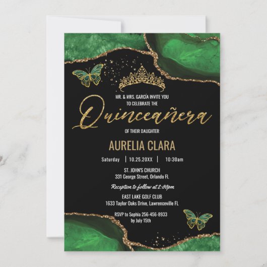 Quinceañera Emerald Green Agate Marble Butterflies Kaart (Voorkant)