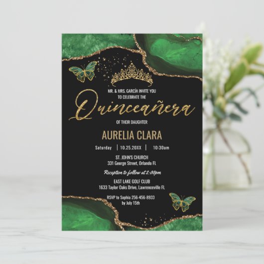 Quinceañera Emerald Green Agate Marble Butterflies Kaart (Staand voorkant)