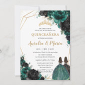 Quinceañera Emerald Green Black Floral Rozen Twins Kaart (Voorkant)