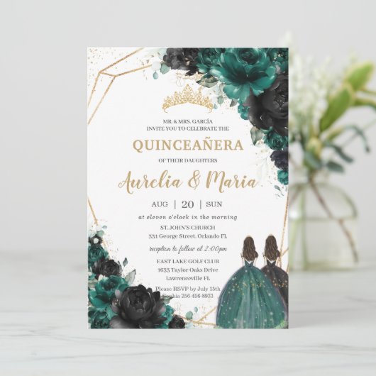 Quinceañera Emerald Green Black Floral Rozen Twins Kaart (Staand voorkant)