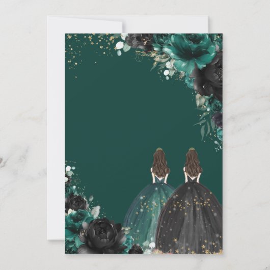 Quinceañera Emerald Green Black Floral Rozen Twins Kaart (Achterkant)