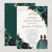 Quinceañera Emerald Green Black Floral Rozen Twins Kaart (Voorkant / Achterkant)