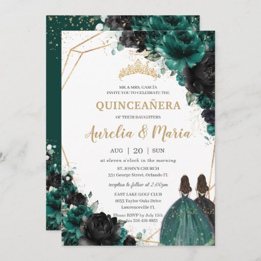 Quinceañera Emerald Green Black Floral Rozen Twins Kaart (Voorkant / Achterkant)