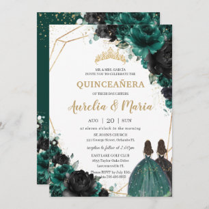 Quinceañera Emerald Green Black Floral Rozen Twins Kaart