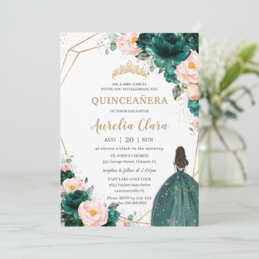 Quinceañera Emerald Green Blush Floral Princess Kaart (Staand voorkant)
