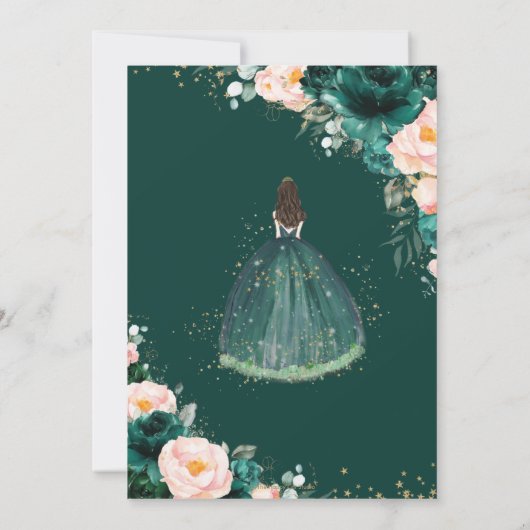 Quinceañera Emerald Green Blush Floral Princess Kaart (Achterkant)