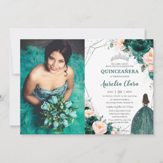 Quinceañera Emerald Green Blush Floral Princess Kaart (Voorkant)