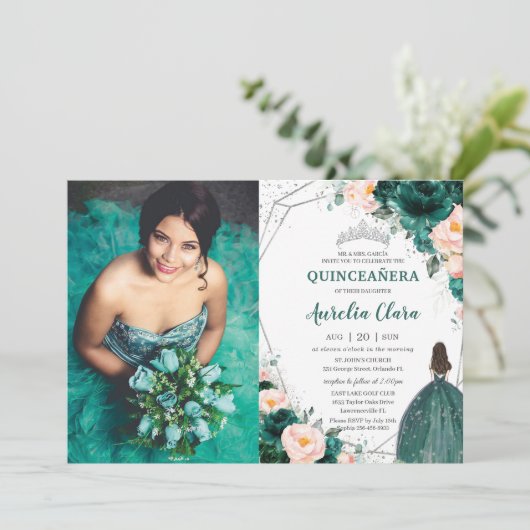 Quinceañera Emerald Green Blush Floral Princess Kaart (Staand voorkant)