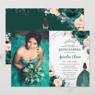 Quinceañera Emerald Green Blush Floral Princess Kaart