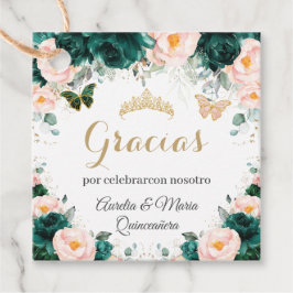 Quinceañera Emerald Green Blush Floral Twins Bedankjes Labels