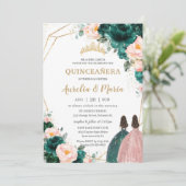 Quinceañera Emerald Green Blush Floral Twins Kaart (Staand voorkant)