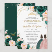 Quinceañera Emerald Green Blush Floral Twins Kaart (Voorkant / Achterkant)