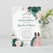 Quinceañera Emerald Green Blush Floral Twins Kaart (Staand voorkant)