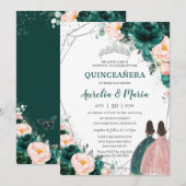 Quinceañera Emerald Green Blush Floral Twins Kaart (Voorkant / Achterkant)