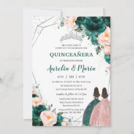 Quinceañera Emerald Green Blush Floral Twins Kaart