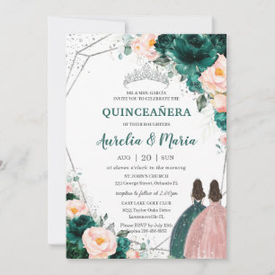 Quinceañera Emerald Green Blush Floral Twins Kaart