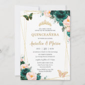 Quinceañera Emerald Green Blush Floral Twins Kaart (Voorkant)