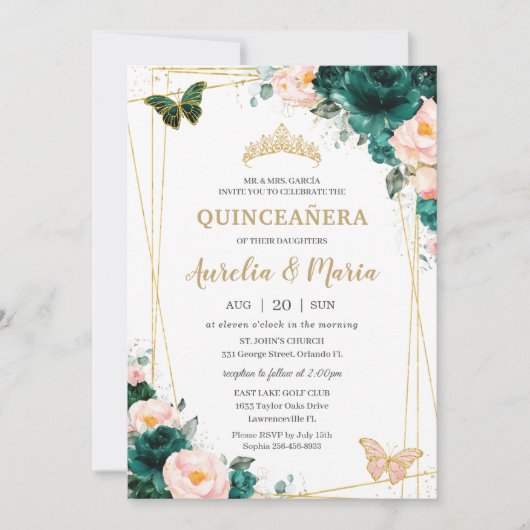 Quinceañera Emerald Green Blush Floral Twins Kaart (Voorkant)