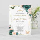 Quinceañera Emerald Green Blush Floral Twins Kaart (Staand voorkant)