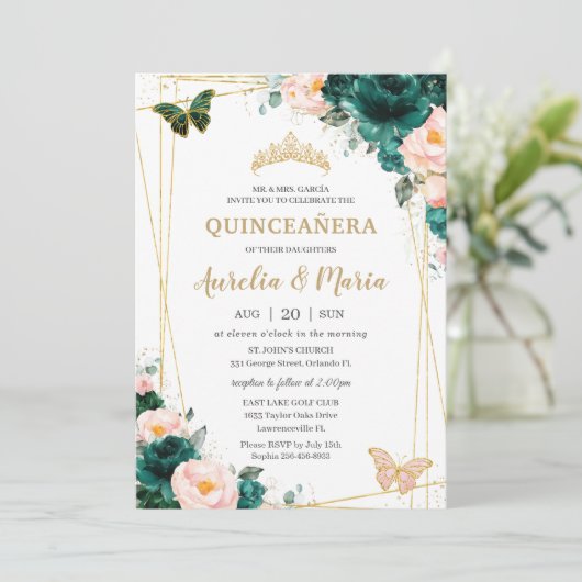 Quinceañera Emerald Green Blush Floral Twins Kaart (Staand voorkant)