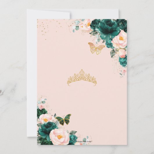 Quinceañera Emerald Green Blush Floral Twins Kaart (Achterkant)
