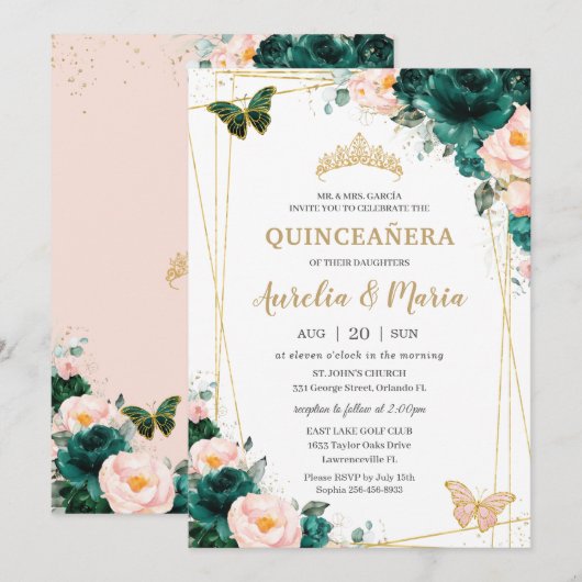 Quinceañera Emerald Green Blush Floral Twins Kaart (Voorkant / Achterkant)
