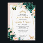 Quinceañera Emerald Green Blush Floral Twins Kaart<br><div class="desc">Pas deze mooie quinceañera-uitnodiging gemakkelijk en snel aan met eigen tekst. Druk op de knop Aanpassen om de stijl en plaatsing van de tekst verder te herschikken en te formatteren. Overeenkomende objecten in de winkel! c) De Happy Cat Studio</div>
