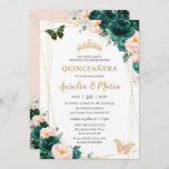 Quinceañera Emerald Green Blush Floral Twins Kaart<br><div class="desc">Pas deze mooie quinceañera-uitnodiging gemakkelijk en snel aan met eigen tekst. Druk op de knop Aanpassen om de stijl en plaatsing van de tekst verder te herschikken en te formatteren. Overeenkomende objecten in de winkel! c) De Happy Cat Studio</div>