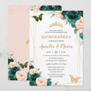 Quinceañera Emerald Green Blush Floral Twins Kaart
