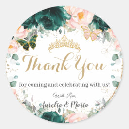 Quinceañera Emerald Green Blush Floral Twins Ronde Sticker
