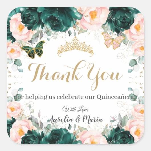 Quinceañera Emerald Green Blush Floral Twins Vierkante Sticker (Voorkant)