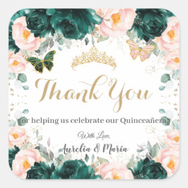 Quinceañera Emerald Green Blush Floral Twins Vierkante Sticker