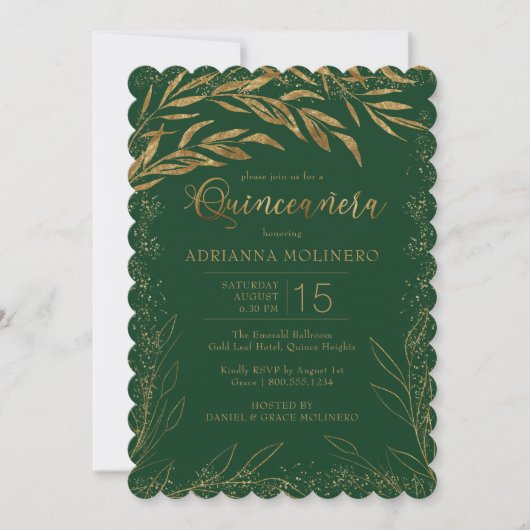 Quinceanera Emerald Green en Gold Leaves Elegant Kaart (Voorkant)