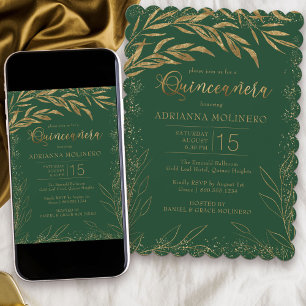Quinceanera Emerald Green en Gold Leaves Elegant Kaart