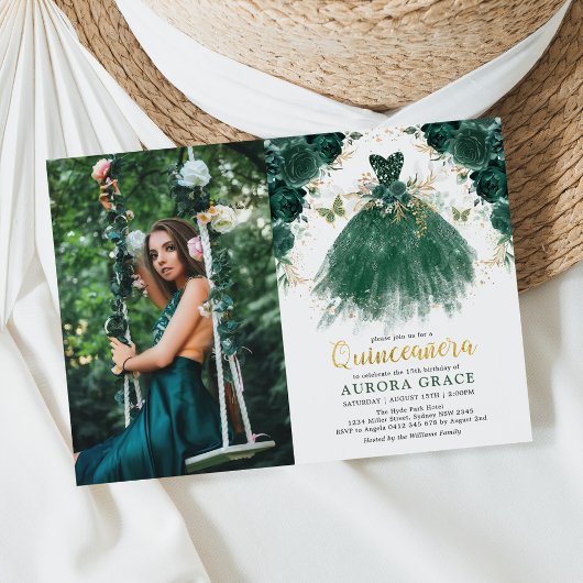 Quinceañera Emerald Green Enchanted Forest Floral Kaart