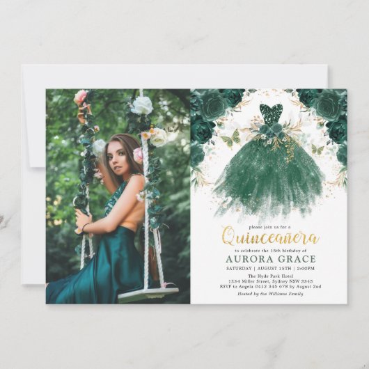 Quinceañera Emerald Green Enchanted Forest Floral Kaart (Voorkant)