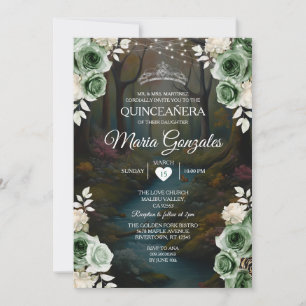 Quinceañera Emerald Green Enchanted Forest Floral Kaart