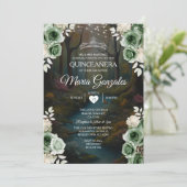 Quinceañera Emerald Green Enchanted Forest Floral Kaart (Staand voorkant)
