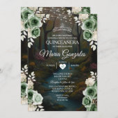 Quinceañera Emerald Green Enchanted Forest Floral Kaart (Voorkant / Achterkant)