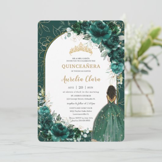 Quinceañera Emerald Green Floral Brown Princess Kaart (Staand voorkant)
