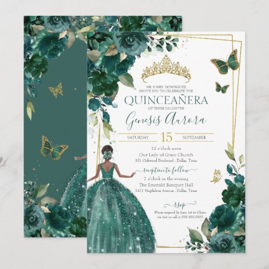 Quinceañera Emerald Green Floral Butterflies Kaart (Voorkant / Achterkant)