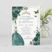Quinceañera Emerald Green Floral Butterflies Kaart (Staand voorkant)