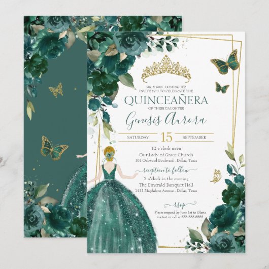Quinceañera Emerald Green Floral Butterflies Kaart (Voorkant / Achterkant)
