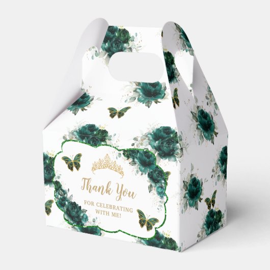 Quinceañera Emerald Green Floral Butterflies Tiara Bedankdoosjes (Achterkant)