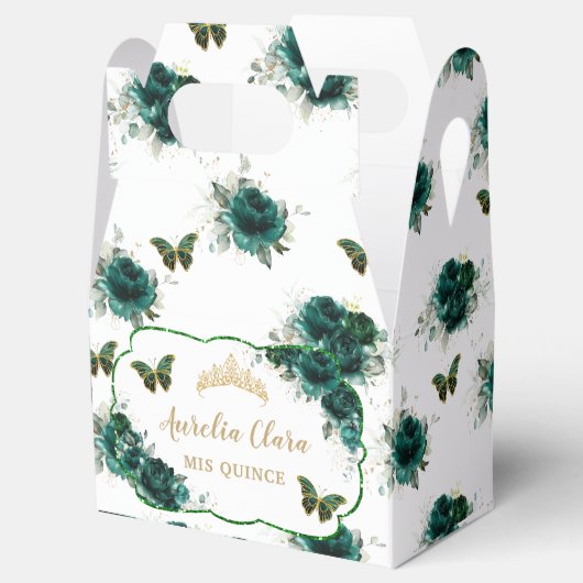 Quinceañera Emerald Green Floral Butterflies Tiara Bedankdoosjes (Geopend)