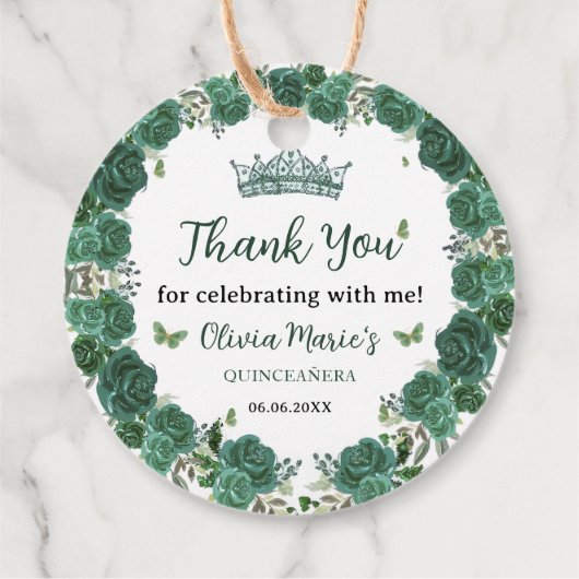 Quinceañera Emerald Green Floral Butterflies Tiara Bedankjes Labels (Achterkant)