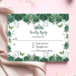 Quinceañera Emerald Green Floral Butterflies Tiara RSVP Kaartje
